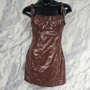 Dolls Kill Poster Grl Medium Brown Western Twist Mini Dress Vegan Leather Buckle